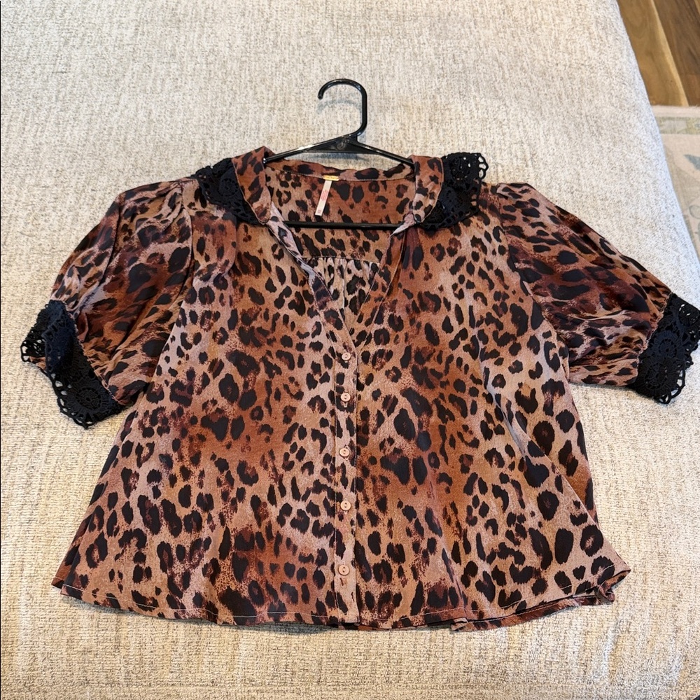 Free People Leopard Print Short Sleeve Blouse with Lace Trim - Brown